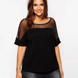 Plus Size Summer Casual Top Women Mesh Patchwork Short Sleeve Black Loose T-shirt Tee Female Plus Size Women Clothing 6XL 7XL 8X