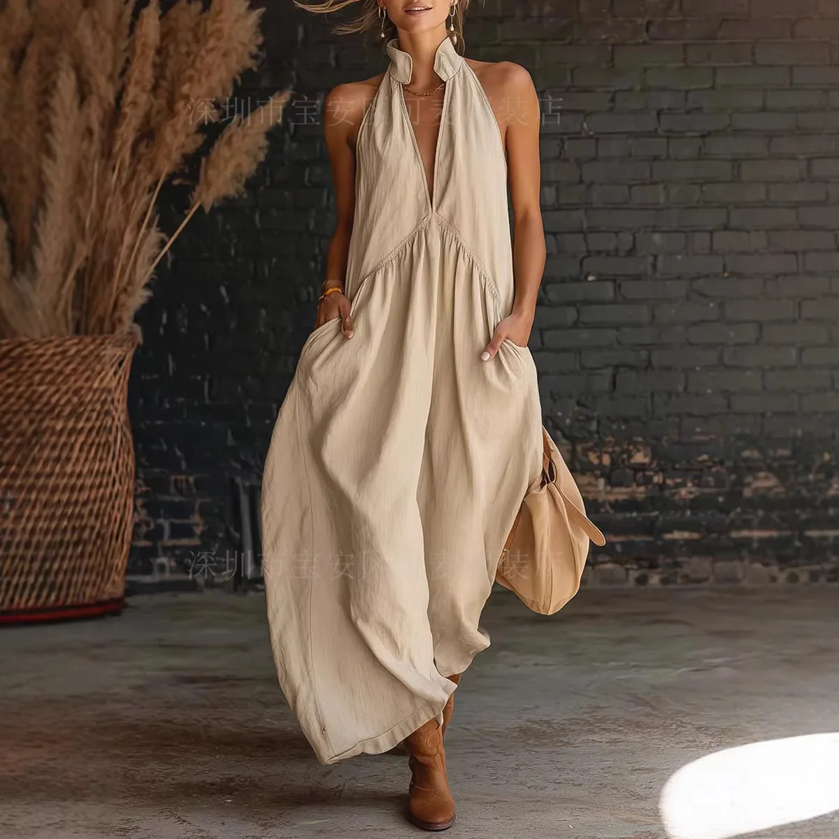 Fashion Sleeveless Maxi Dress For Women Solid Color V-neck Sleeveless Off Shoulder Pocket Long Dresses Loose Beach Holiday Dress