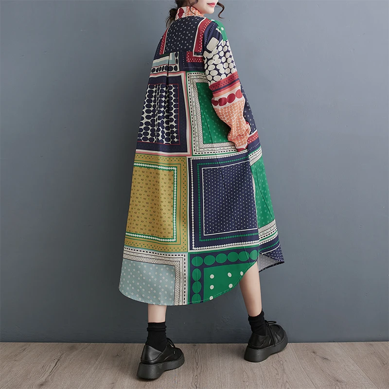 Retro Floral Print Midi Dress Elegant Artistic Loose plus Size Spring Autumn Korean Style Polyester Cotton Blend Long Sleeve