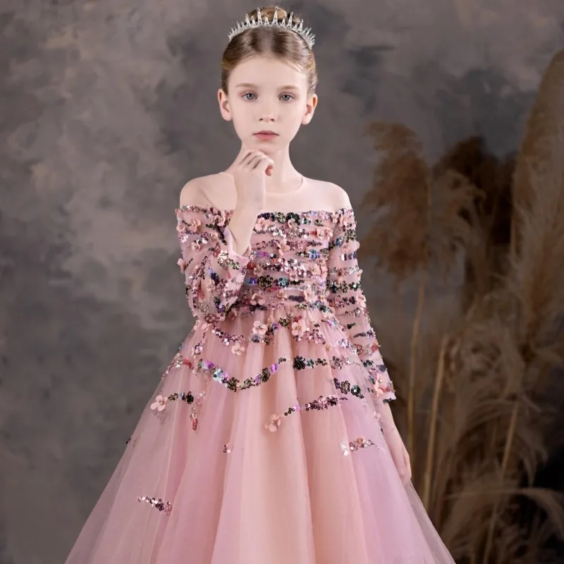 Vestidos de lujo de flores de Coral para niña, vestido de princesa con cuentas y lentejuelas para niños, boda, fiesta de cumpleaños, desfile, J125