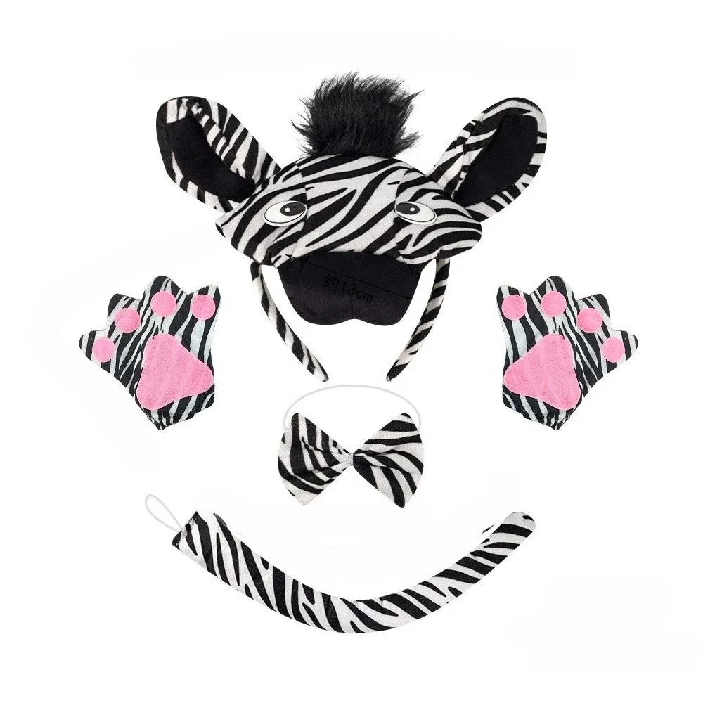 Children Adult Halloween Plush Jungle Animal Zebra Headband Tail Bow Ear Horn Christmas Festival Party Animal Costume  Cosplay