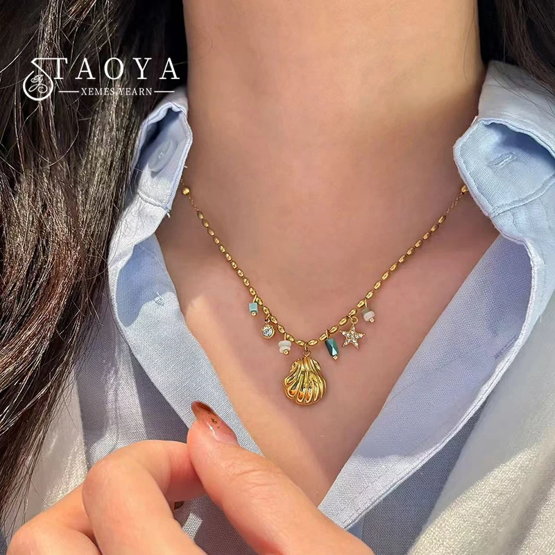 Summer Bohemian Gold Color Pendant Necklace For Women Stainless Steel Mermaid Lockbone Chain Jewelry Accessory Non-fading Trendy