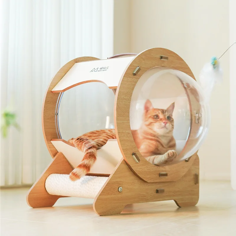 Cat Bed Enclosed Space Capsule Wooden Pet Nest Cat House Kitten Sleep Rest Condo With Cat Scratcher Posts Small Dog Bed Cat Nest