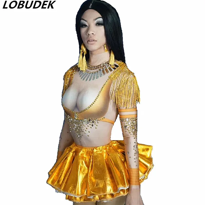 

Nightclub Sexy Mini Dress Women Dancer Stage Wear Orange Crystals Sequins Short Dress Bar Party DJ Singer Performance Costume