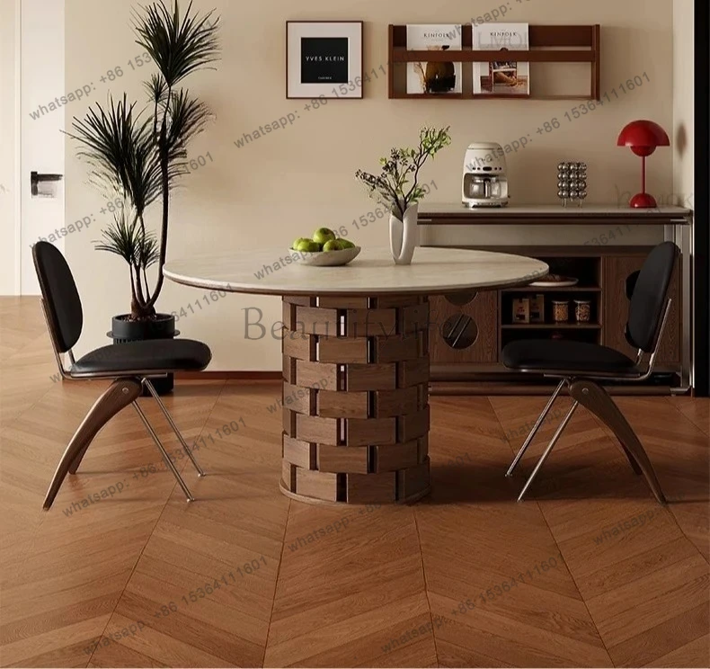 

Medieval style rock slab round travertine dining table solid wood ash wood retro style designer high sense
