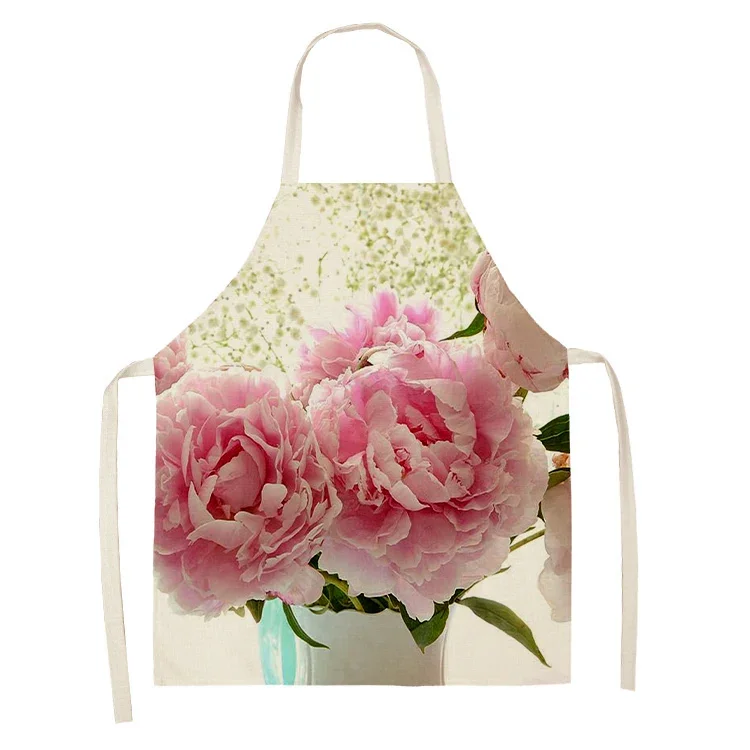 Peony Rose Flower Basket Pattern Kitchen Sleeveless Apron Linen Bib Home Kitchen Stain Resistant Cleaning Baking Accessories