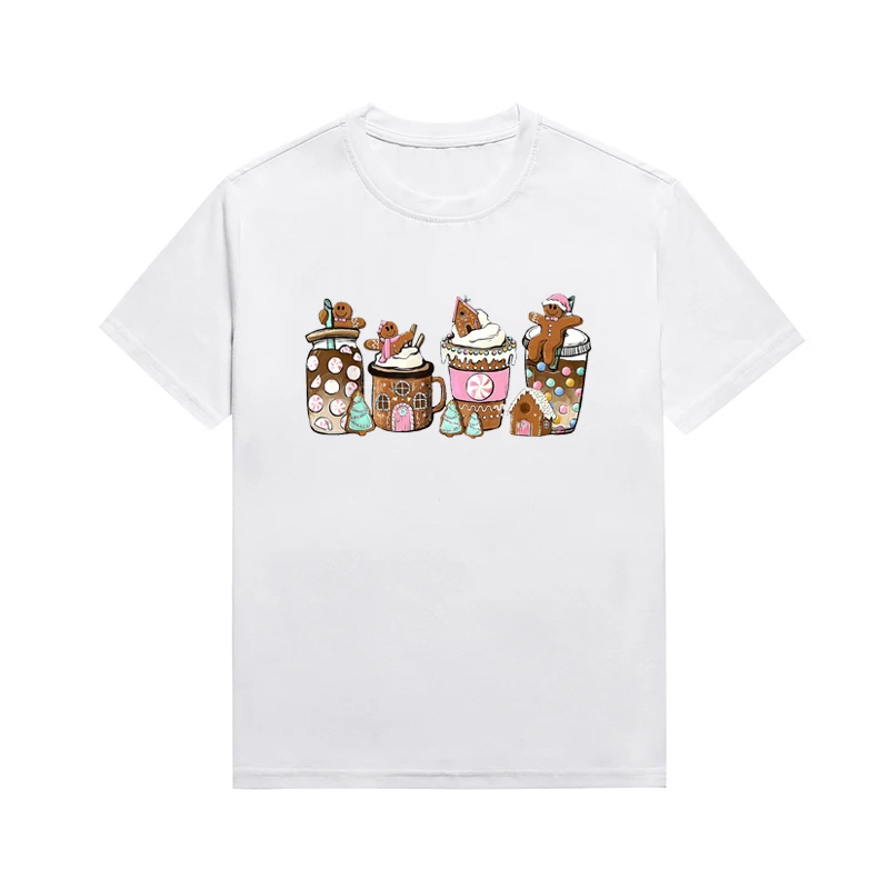 Fun Gingerbread Man Graphic Tees Hot Cocoa Christmas Printing Female Top Basic Style Cotton Tops Custom T Shirt