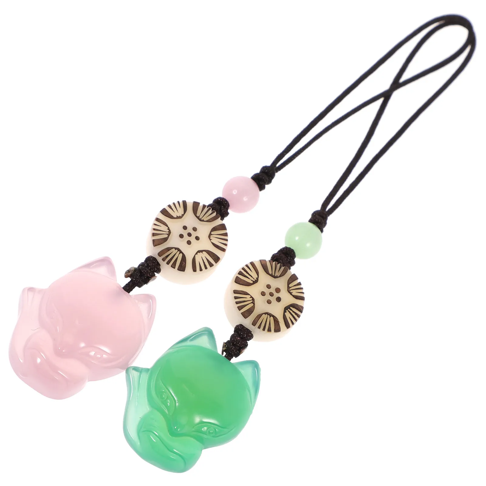 

2 pcs Jade Fox Pendants Different Colors Small Size Light Weight Keychain Bag Accessories Phone Decorations Hanging Nylon Rope