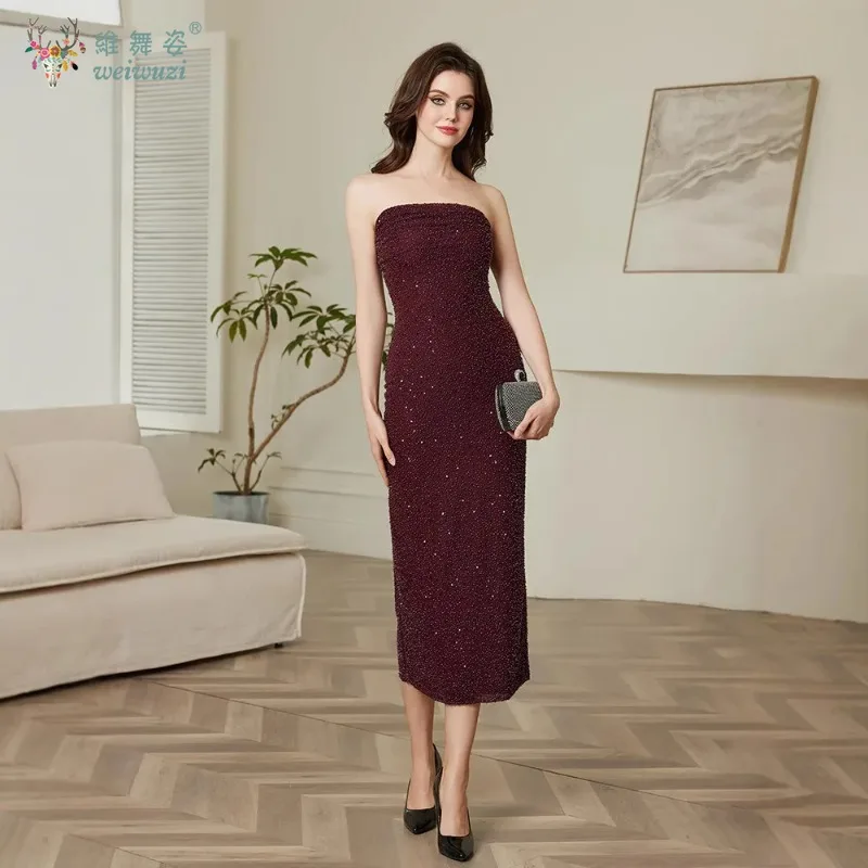 Mode dames sprankelende strapless visgraat pailletten lange jurk off-shoulder dubbellaags mode club banket feest maxi-jurken