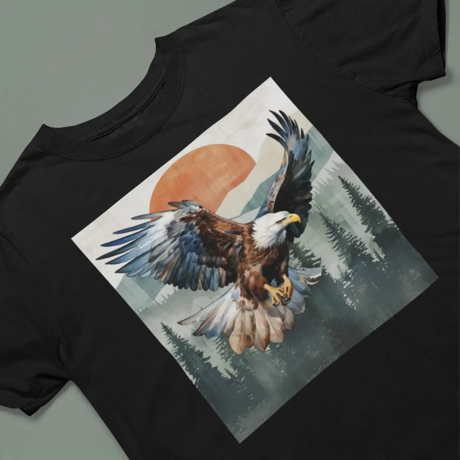 Soaring Bald Eagle T shirt with Sunset and Forest Wilderness Heavy Cotton vintage Washed fashion Casual Comfortable Stretched