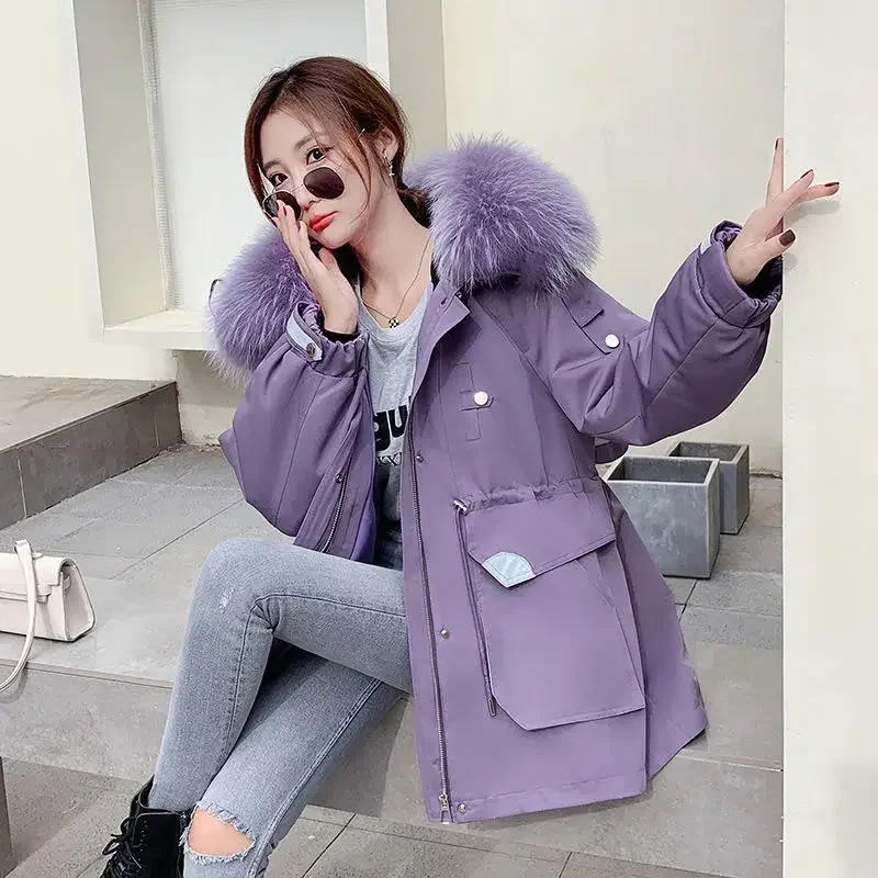 

Women 2024 New Winter Fashion Solid Cotton-padded Jackets Female with Fur Collar Hooded Parkas Ladies Thick Warm Coats T180