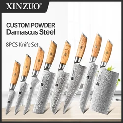 XINZUO-Conjunto De Facas De Cozinha, 73 Camadas, Aço Damasco Personalizado, 15 ° ± 1 De Lado, Lâmina De Aço Com Cabo De Madeira De Oliveira, 1-8Pcs