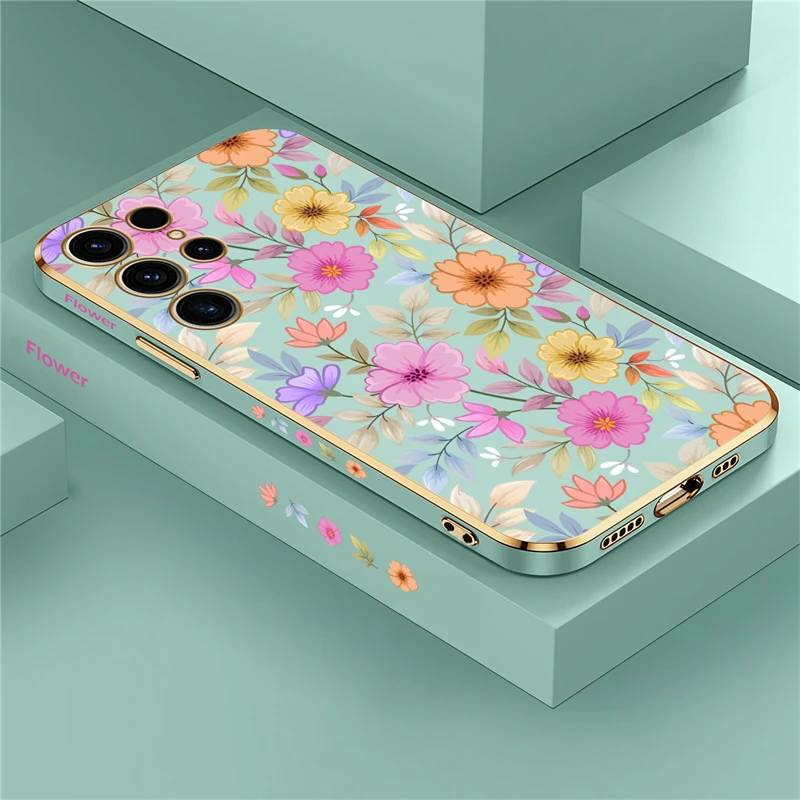 Flower Case For Samsung Galaxy S23 Ultra S22 S21 Plus S20 fe S10 NOTE 20 10 8 9 Luxury Plating Silicone Soft Shockproof Cover