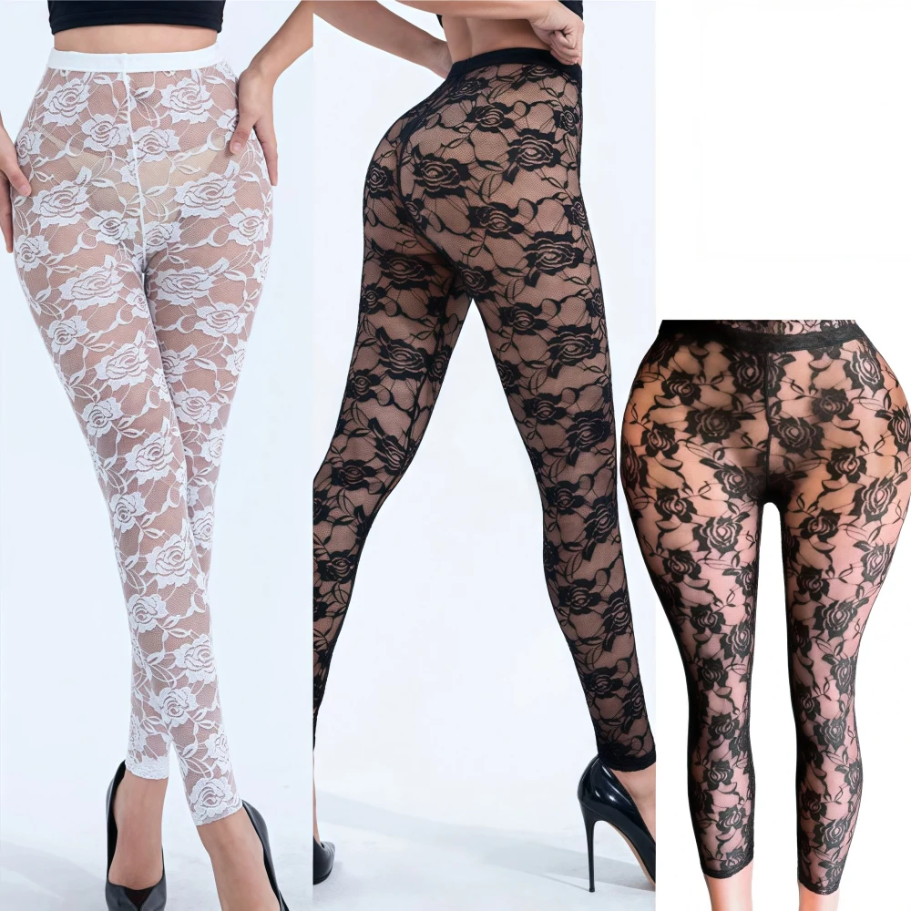 

FAGADOER Y2k Sexy Lace Hollow Out Pants Women Black See Through Bodycon Leggings Female Streetwear Party Clubwear Bottoms New