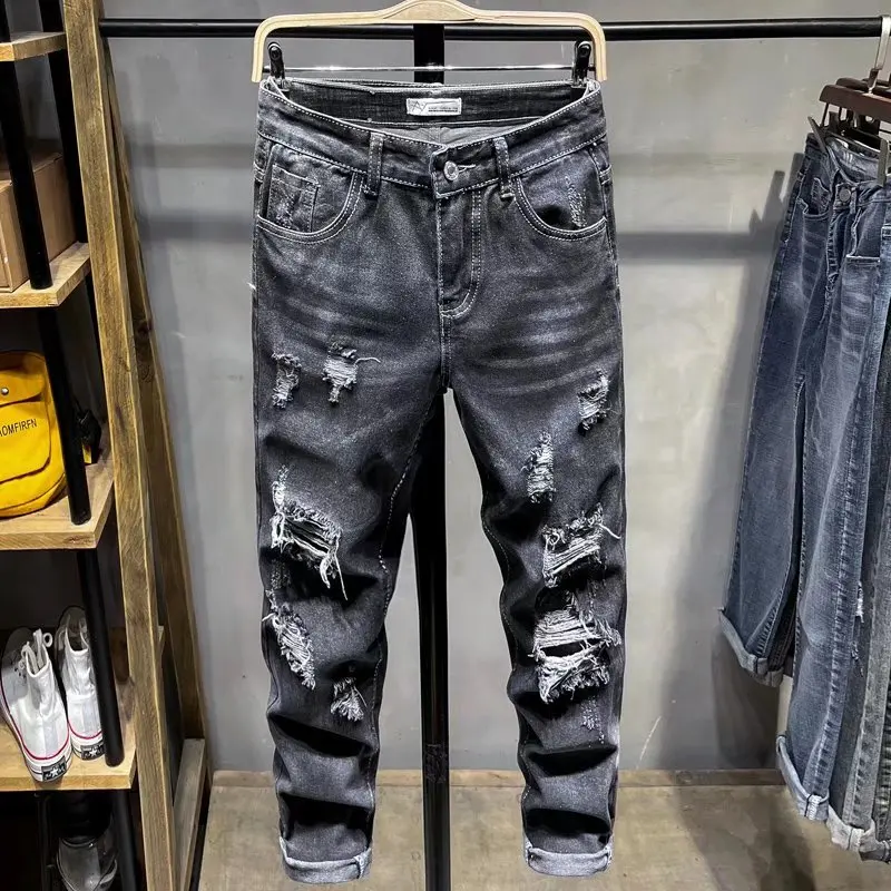 

Летние тонкие мужские джинсы, модные брендовые свободные прямые рваные повседневные брюки из девяти предметов, винтажные брюки со средней талией и застежкой-молнией