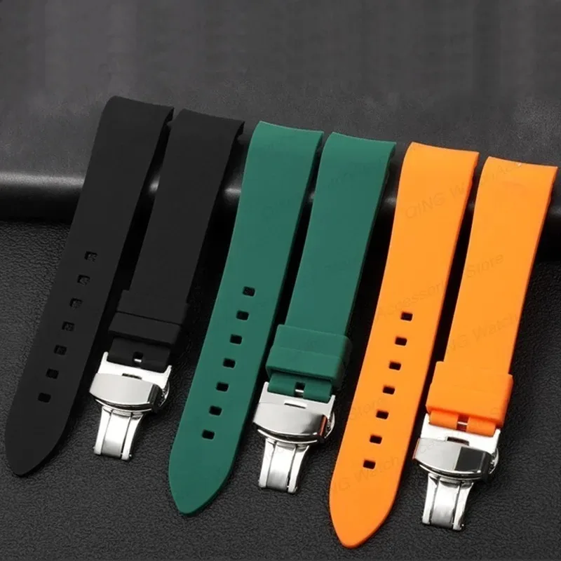 Curved End Wristband with Butterfly Buckle for Rolex Water Ghost Watch Straps Universal Silicone Bracelet Soft Rubber Watch Band