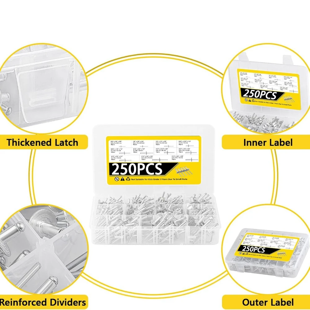 250 pz 3/16 "X 1/8" X5/32 "Argento Grande Tappo Rivetti Ciechi e Tirare Rivetti Set GB/T12618 Tipo di Apertura Rivetto Grande Tappo Tirare Rivetti