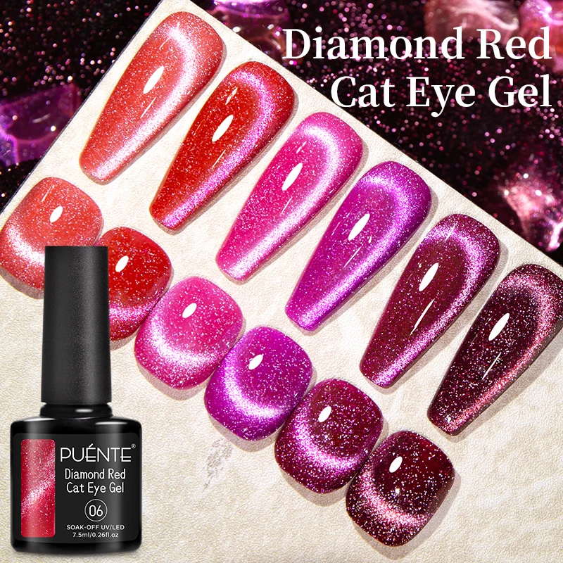 PUENTE Diamond Red Cat Magnetic Gel Nail Polish Reflective Glitter Cat Eye Nail Gel 7.5ML Soak Off UV LED Semi-Permanent Varnish