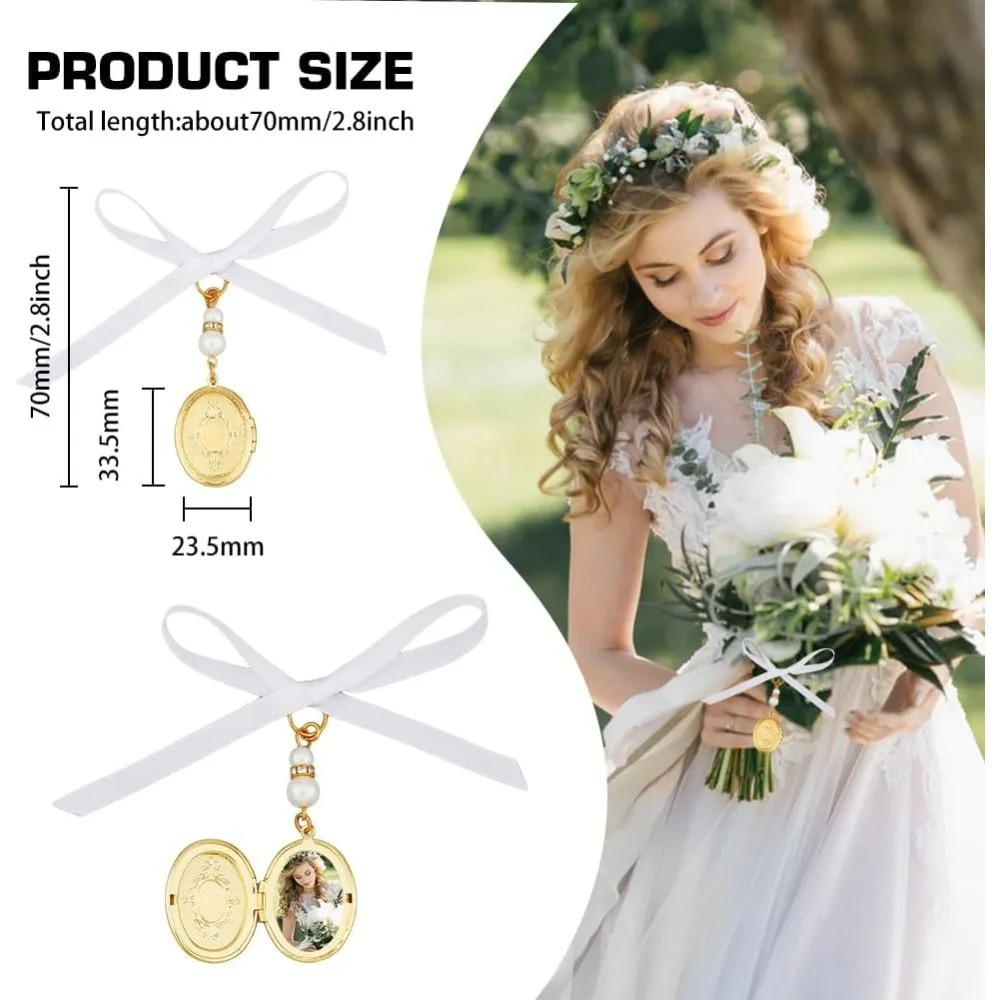 2PCS Brass Wedding Bouquet Charms Locket Pendant Decorations with Acrylic Imitated Pearl Beads and Satin Ribbon Golden