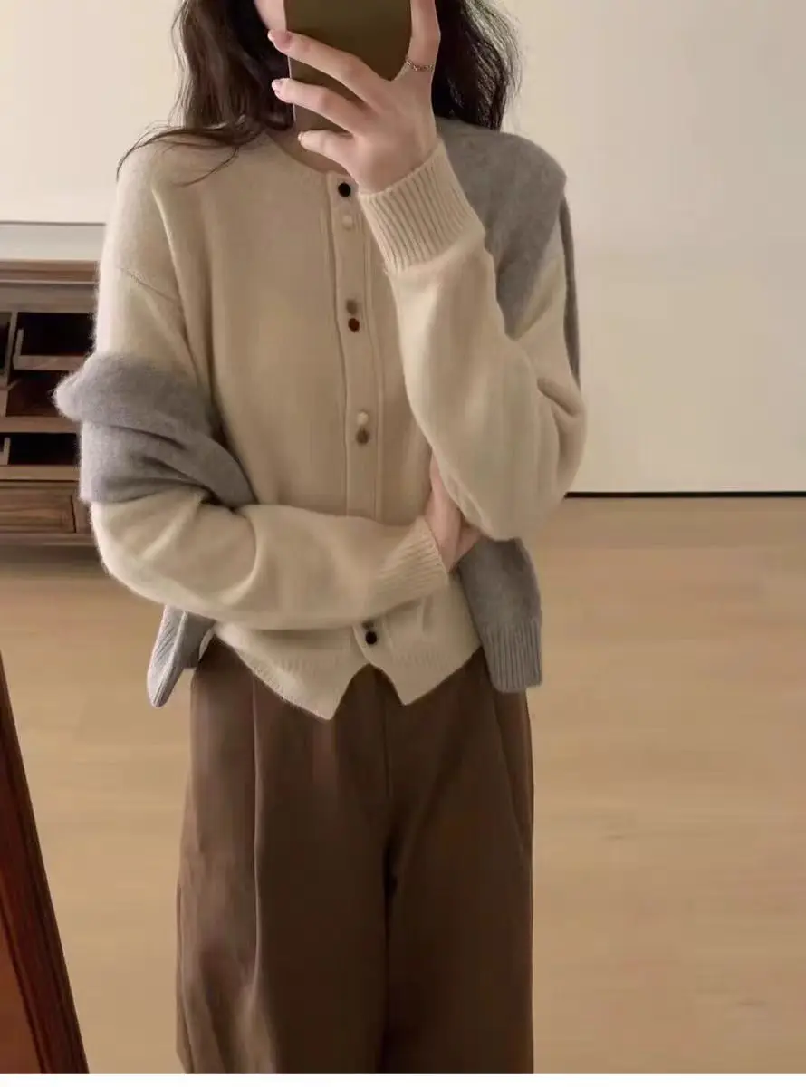 

ADDONNEE New Fashion Women Clothing 100% Merino Wool Sweater O-Neck Long Sleeve Soft Warm Autumn Winter Cardigan Knitwears Tops