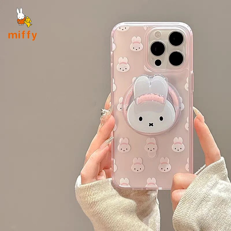 Cute Miffy Pink Rabbit Phone Case for IPhone 16 15 14 Magnetic Pop Socket Holder Shockproof Translucent Cartoon Cover Fans Gifts - view 4