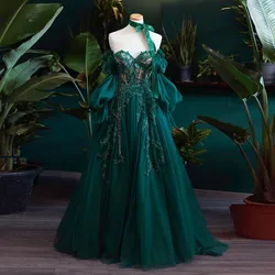 Emerald Green Dresses Prom Gown Sequin abiye gece elbises Beaded Prom Gowns Tulle Long Sleeve Princess Photoshoot robe de soiree