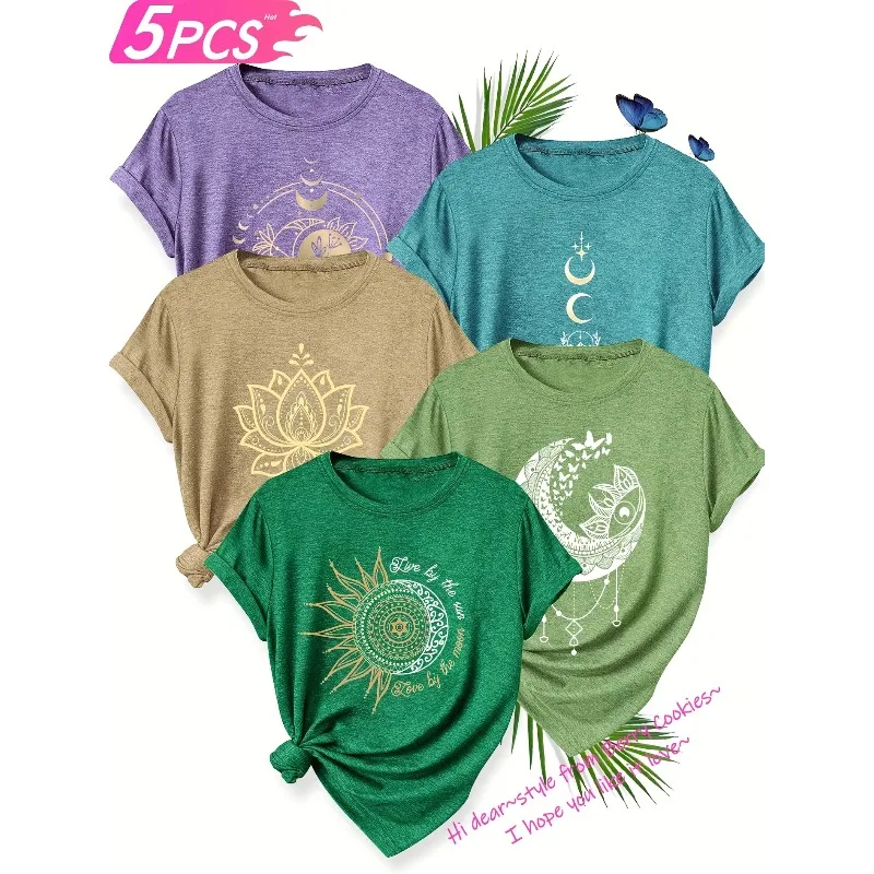 

Комбинированный комплект из 5 предметов с 3D-принтом Flower Moon, модная женская летняя повседневная футболка в ретро-стиле, спортивный стиль, топ с короткими рукавами