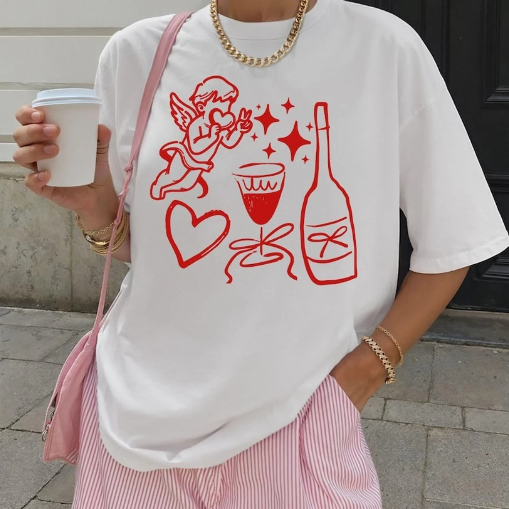 

Valentines Day Casual Shirt Funny Cupid Valentine Tee Wine Lover Gift T-Shirt Cute Romantic Heart Graphic Gift for Her Him