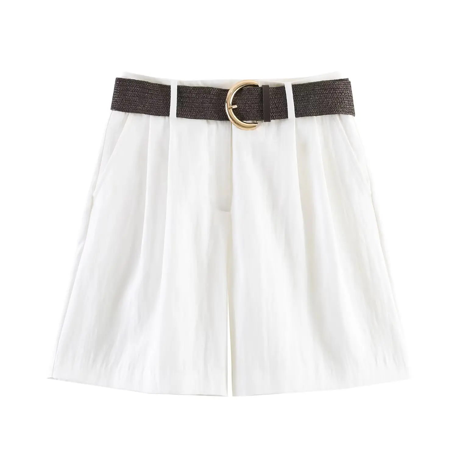 Women's Casual Loose Shorts With Belt Spring Summer Female Chic Pleats Straight Leg Zipper Pants Lady Street Commuter Shorts