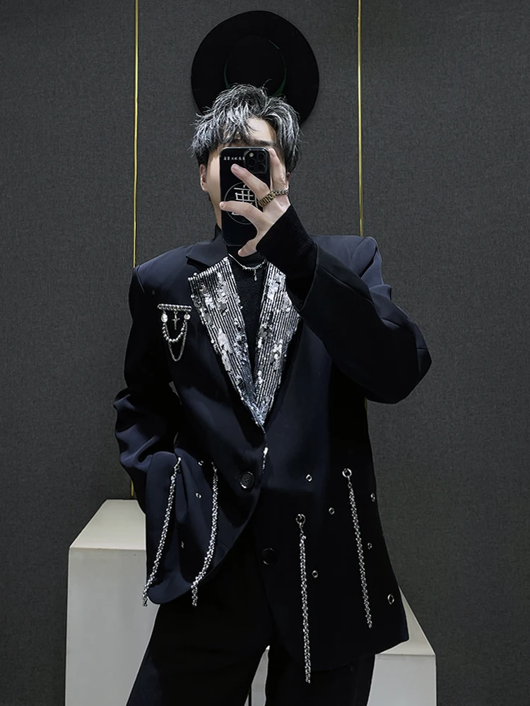 

Metal Chain Decorated Loose Fit Men's Suit Jacket Youthful Casual Style Splicing Design Long Sleeve Brisk Autumn Fashion