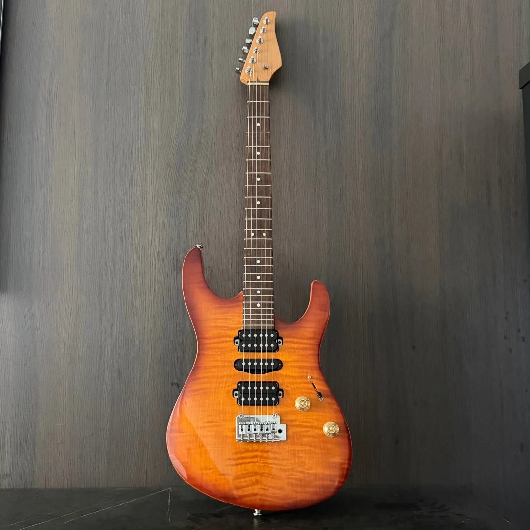 6 String Electric Guitar, Flame Maple Top Sunburst Orange Red Gloss Finish, HHH Pickups, Double Locking Tremolo