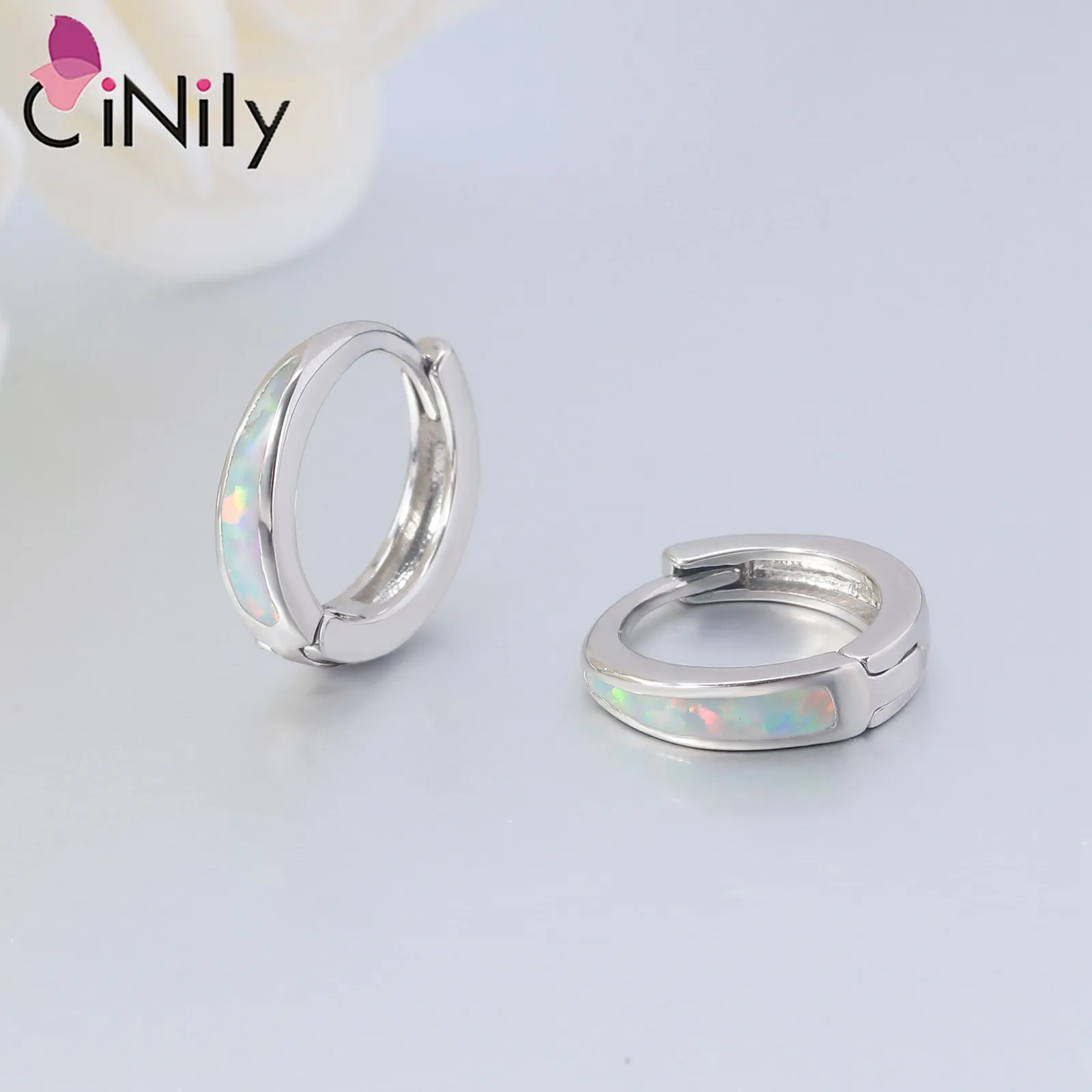 CiNily White/Blue Opal Earrings for Women 14k White Plated Small Hoop Earring Jewelry Gifts for Mothers Day Birthday Daily Wear