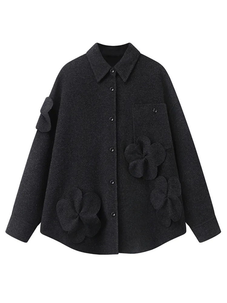 IEQJ Solid Color Flowers  Appliques Streetwear Coat Women Lapel Long Sleeve Spliced Single Breasted Loose Jacket Female 3WM2595