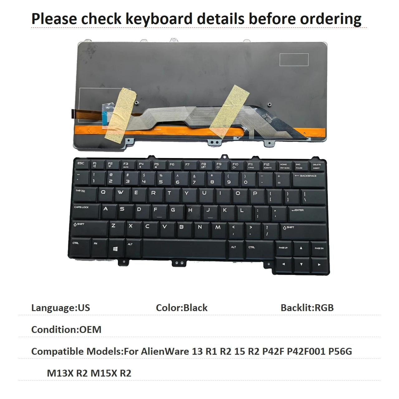 New US Language  RGB Backlit Keyboard For Dell AlienWare 13 R1 R2 15 R2 P42F P42F001 P56G M13X R2 M15X R2 Replacement Keyboard