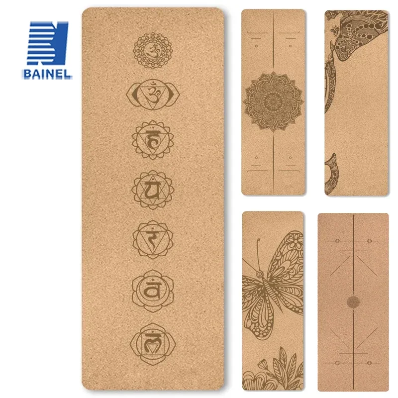 5mm Natural Cork TPE Yoga Mat 183*61cm Fitness Mats Gym Pilates Pad Training Exercise Sport Mat with Position Body Line