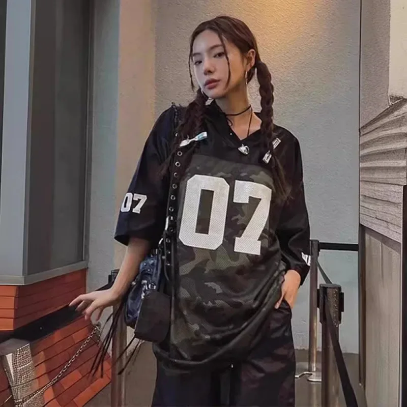 

Retro Hip Hop High Street Sport Jersey Women's Loose Fit Vintage Streetwear Y2k T-Shirts Fashion Casual Rapper Oversized Tops