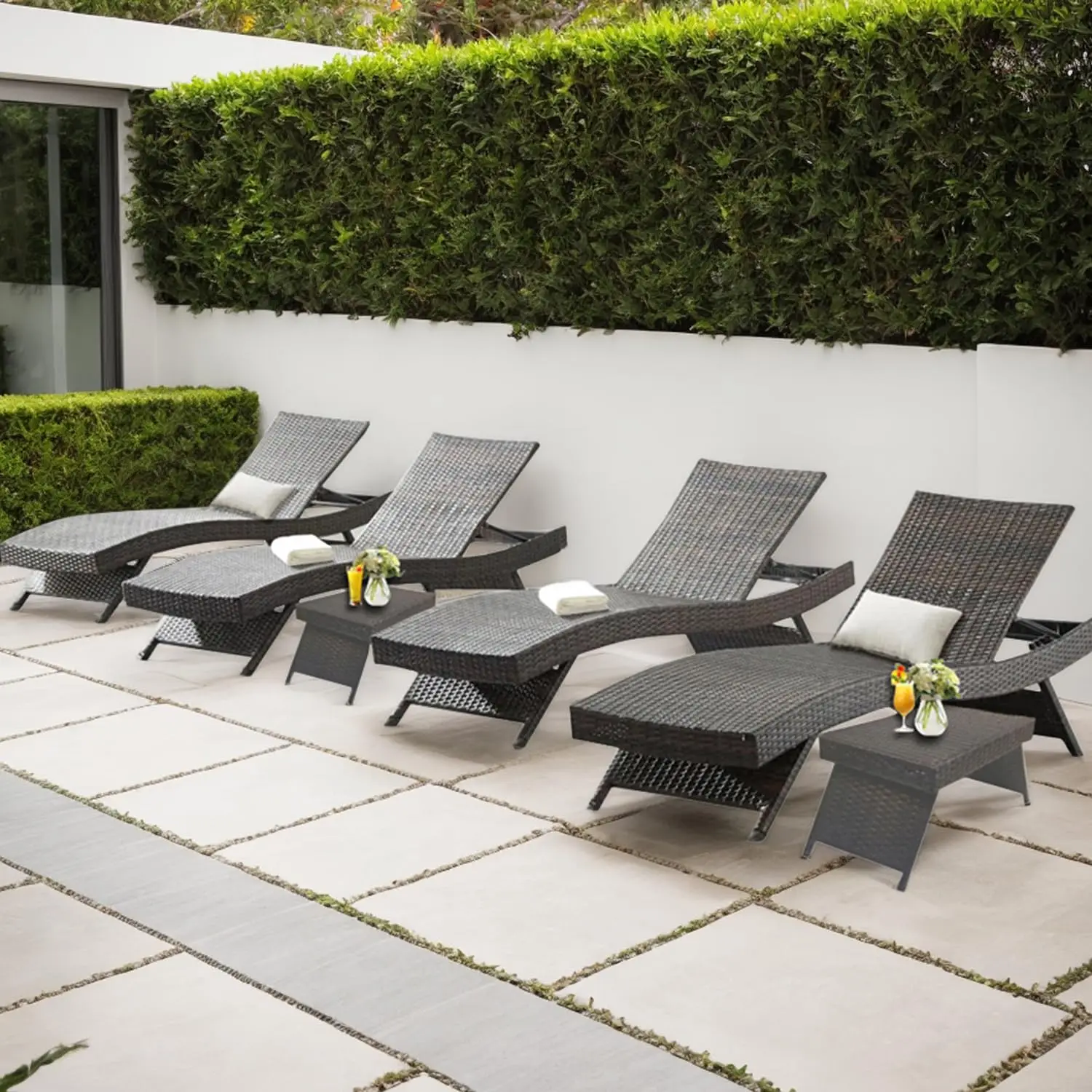

4 Adjustable Backrest Chaise Lounge Set w 2 Side Tables Rattan Reclining Chairs Coffee Table Outdoor Pool, Customized