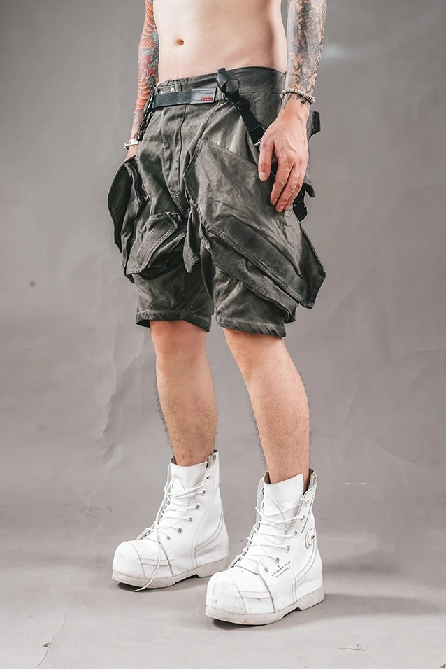 WasteLand  Multi-Pocket Cargo Pants Industrial Style Washed Distressed Casual Pants Shorts Summer Niche Design Fifth Pants