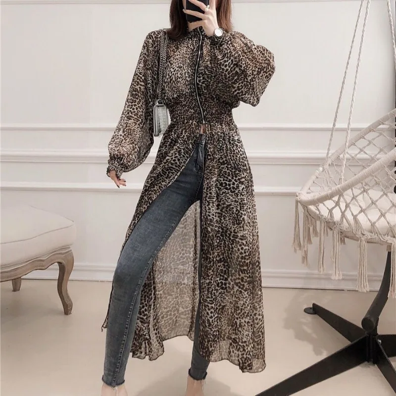 Jackets Women Long Coats Tunic Sunscreen Retro Leopard Thin Summer All-match Outwear Simple Harajuku Elegant High Street Fashion