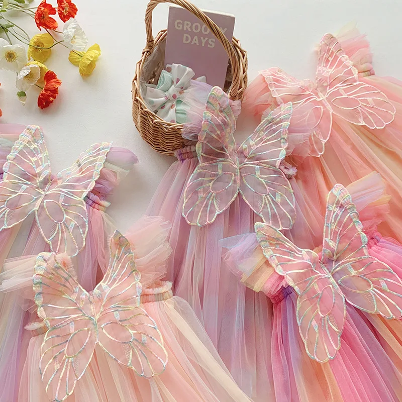 Summer New Clothing For Girls Sweet Flying Sleeves Rainbow Stereoscopic Wings Mesh Girl Dresses Cute Baby Dress Princess Clothes