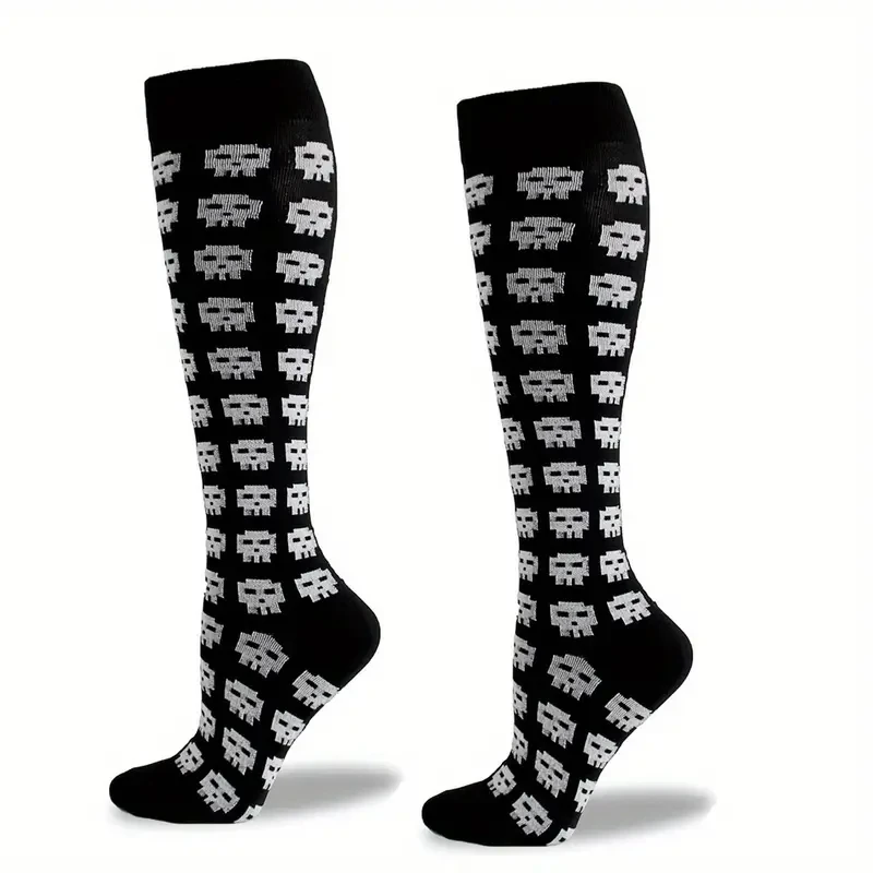 1pair Men\'s Halloween Compression Long Socks, Skull Pattern Socks, Comfy Breathable Casual Socks