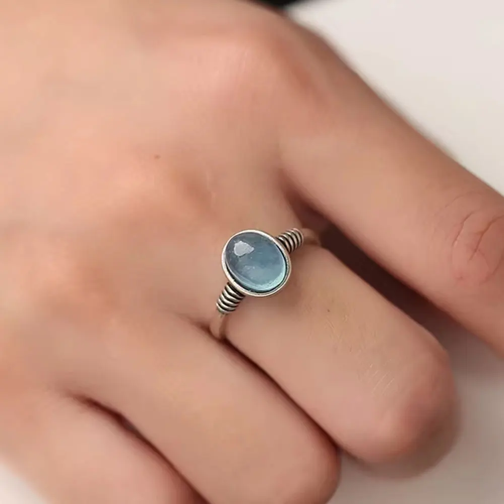 

Natural aquamarine adjustable ring 925 sterling silver, high-end women's ring, fashionable party jewelry accessories gift