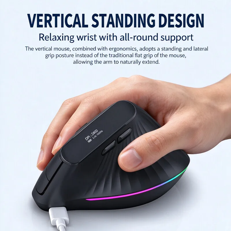 Tri Mode Vertical Ergonomic Mouse 12000 DPI RGB Light Screen Display Mute Rechargeable Mouse For Office Gaming Desktop Laptop