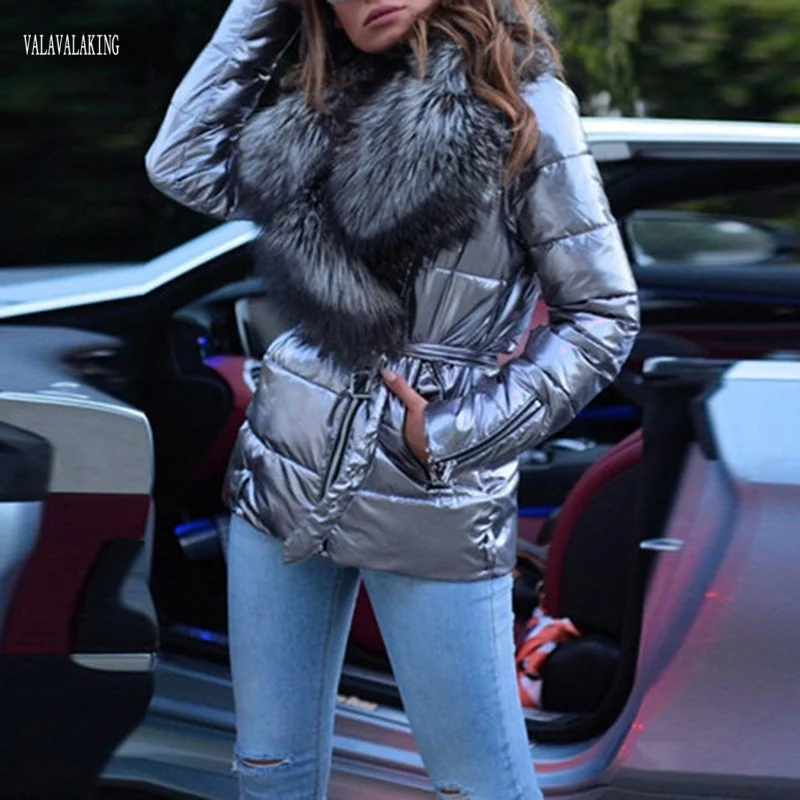 2025 Winter Solid Plus Size Faux Fur Hooded Coat Women Sashes Pocket Long Sleeve Jacket Lady Shiny Large Zipper Thick Warm Coat