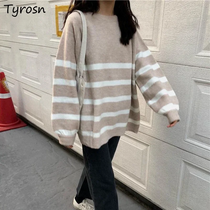 

Women Striped Sweaters Warm Simple All-match Clothing Leisure Streetwear Pullovers O-neck Knitted Retro Jumpers Bf Tender Daily