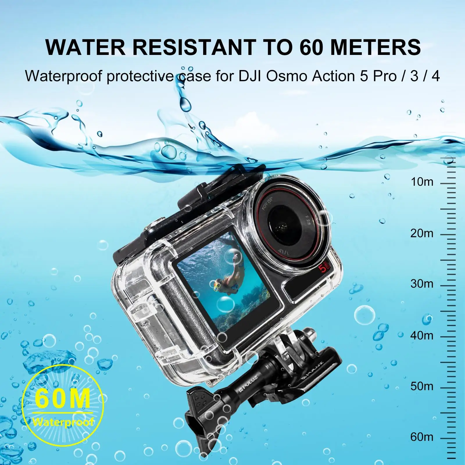 Puluz 60m caso de mergulho com fivela de sapata fria parafuso de montagem básica para dji osmo ação 5 pro 4 3 capa subaquática habitação à prova dwaterproof água