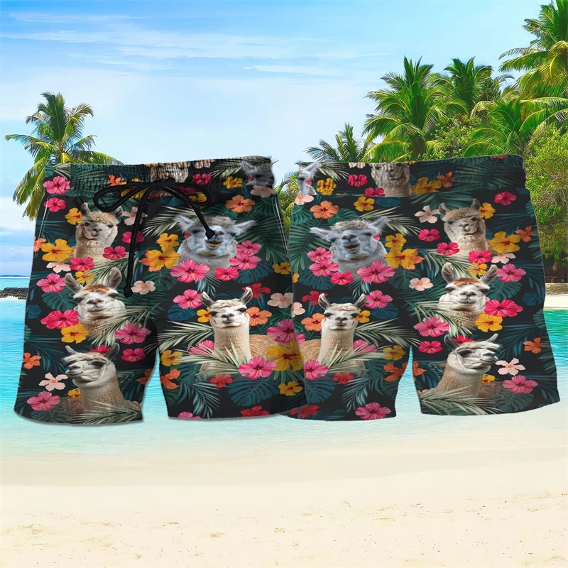 

Забавные гавайские шорты с рисунком альпаки, летние повседневные детские пляжные шорты с 3D принтом для отдыха, трендовые уличные быстросохнущие плавки