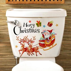 Santa Claus Deer Carriage Wall Stickers For Christmas Bathroom Decoration Mural New Year Toilet Home Decor Self-adhesive Decals