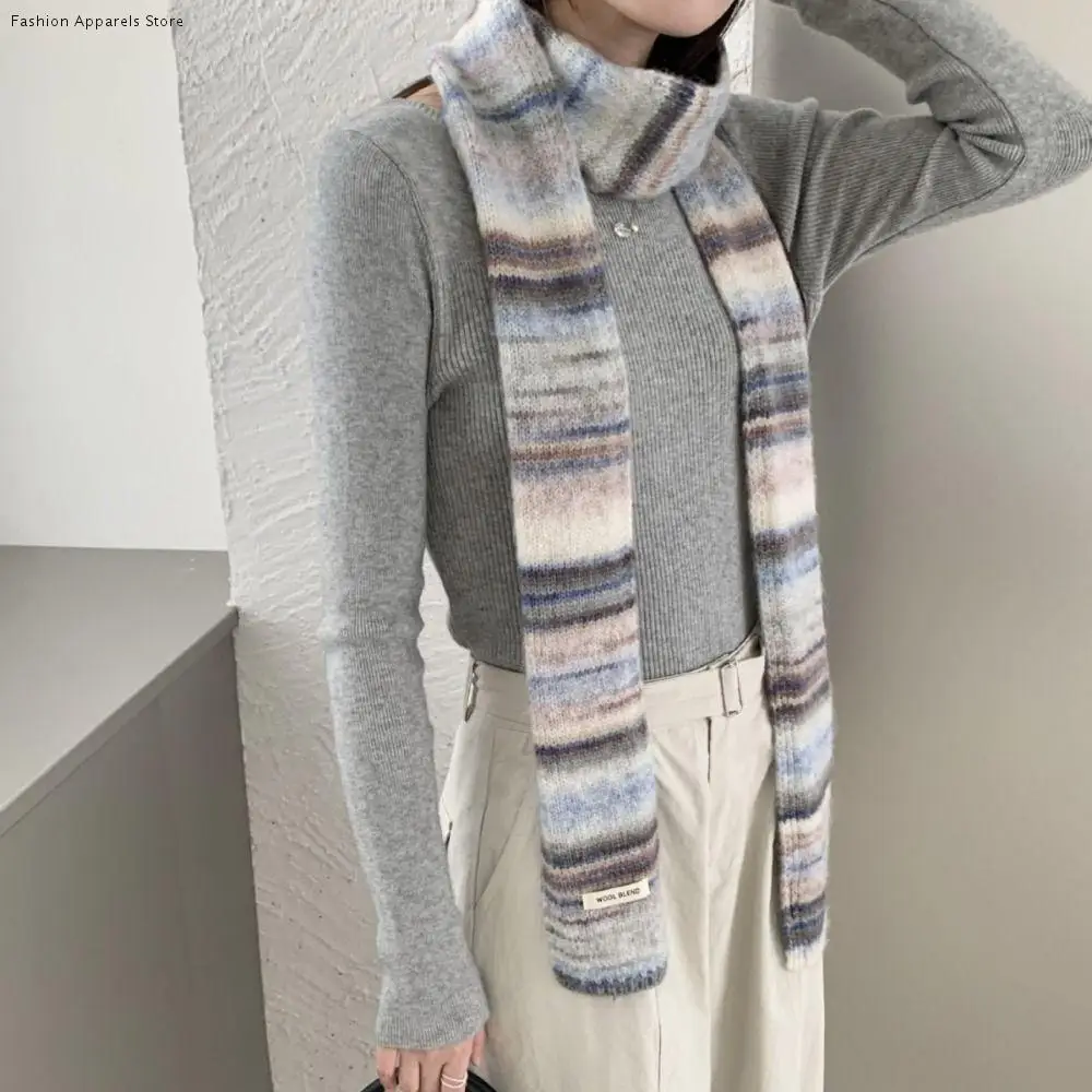 

Soft Korean Style Rainbow Striped Scarf Plush Neck Warmer Cashmere Knitted Scarf Windproof Thickened Winter Shawl Student