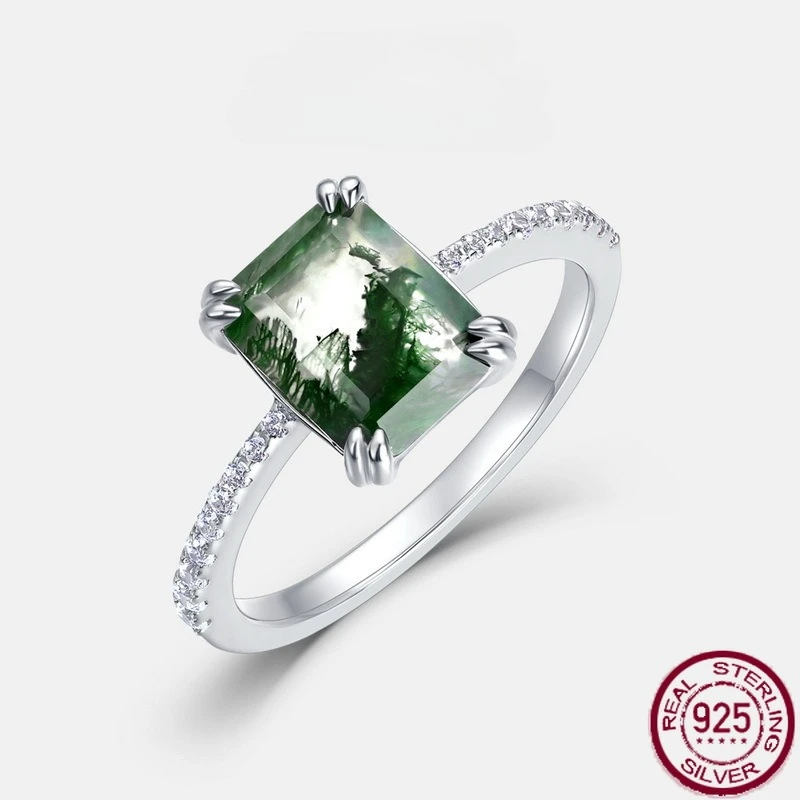 

New S925 pure silver unique natural water grass agate green moss stone finger ring simple and fashionable wedding jewelry